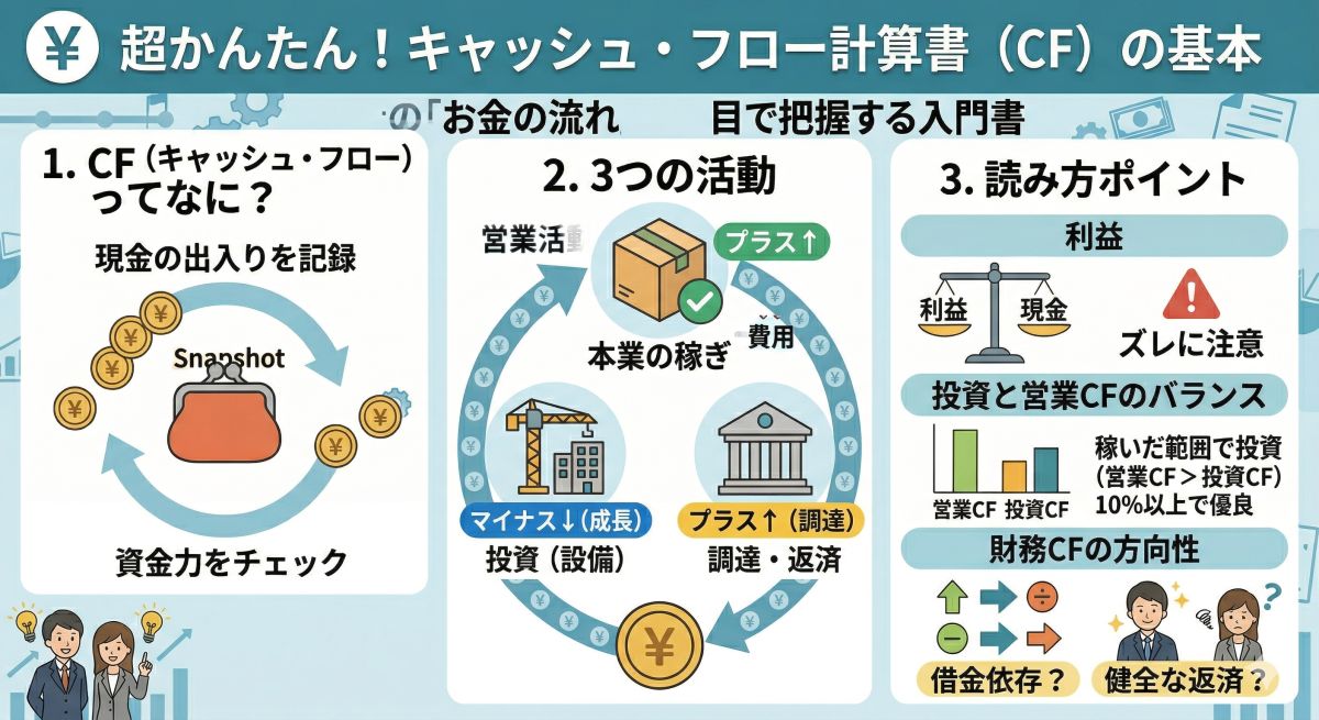 CF（キャッシュ・フロー計算書）とは？見方・読み方・分析ポイントを初心者向けにやさしく徹底解説