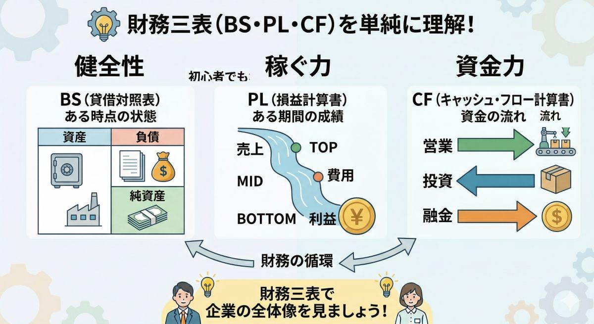 BS・PL・CFとは？財務三表の違いとつながりをやさしく解説｜初心者でもわかる読み方・見方の基本