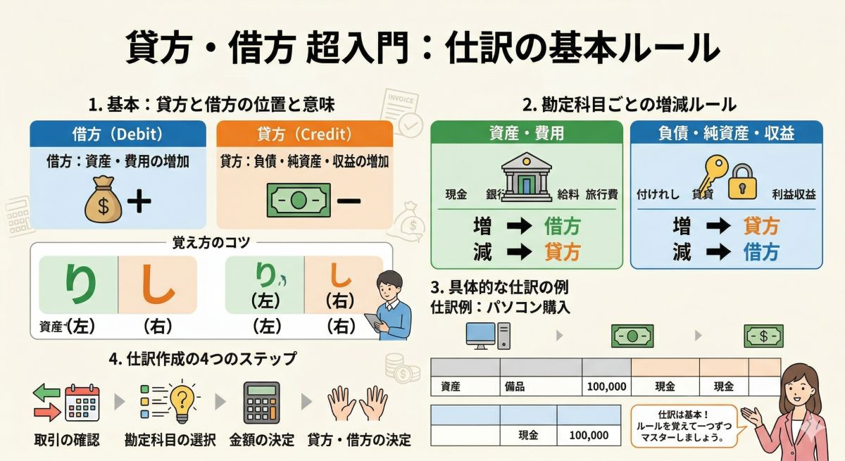 貸方・借方とは？仕訳の基本を初心者向けにやさしく徹底解説｜意味・覚え方・勘定科目ごとの増減まで詳しく整理