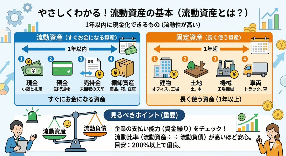 流動資産とは？意味・具体例・固定資産との違い・見るべきポイントまでやさしく徹底解説